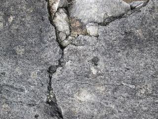 Potholes in the field. Old destroyed concrete surface.