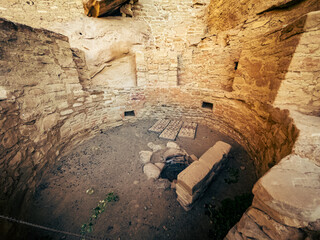 Close up of ruins of fire place in old historic clay town in mesa verde national park in america at sunny day