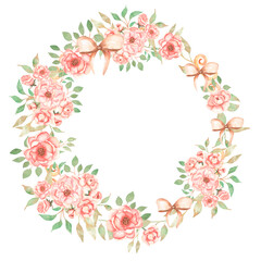 Vintage Floral Wreath Clipart, Watercolor Romantic Pink Peony Flower Frame Clip art, Delicate Peach Roses Bouquet illustration