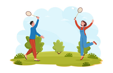 Cute couple is playing badminton in a city park. Male and female characters enjoy open air game and active rest outdors. Cheerful people in colorful clothes in park. Flat cartoon vector illustration
