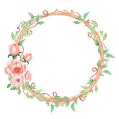 Vintage Floral Wreath Clipart, Watercolor Romantic Pink Peony Flower Frame Clip art, Delicate Peach Roses and greenery Bouquet illustration