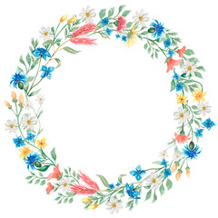 Fototapeta na wymiar Watercolor Wildflower Wreath clipart.Field Florals Clip art, Nature illustration, Wedding invitation, botanical meadow flowers frame