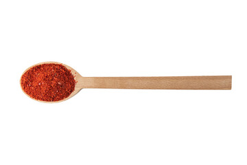 chilli pepper seedless flakes  in wooden spoon isolated on white background. Spices and food...