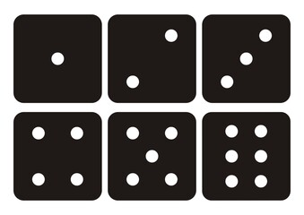 Dice, black silhouette, set of icons. Traditional dice with six faces of cube marked with different numbers of dots or pips from 1 to 6.	