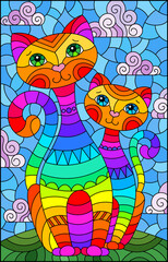 A stained glass illustration with a pair of cartoon cats in a meadow against a cloudy sky