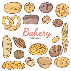 Set with bakery products. Different types of home-made bread and the lettering Bakery. Colorful vector illustration on a white background. Doodle.