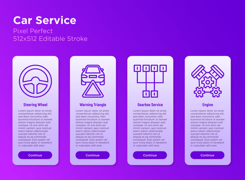 Car service mobile user interface with thin line icons: steering wheel, warning triangle, transmission, engine. Pixel perfect, editable stroke. Vector illustration.