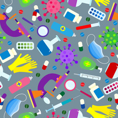 Seamless pattern on the theme of medicine and diseases, medical equipment and viruses, colored icons on a grey background