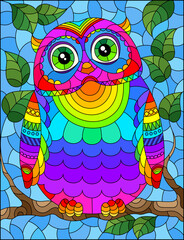 Obraz na płótnie Canvas A stained glass illustration with a bright abstract owl on a background of tree branches and blue sky