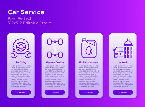 Car service mobile user interface with thin line icons: car alignment, liquids replacing, tire fitting, car wash. Pixel perfect, editable stroke. Vector illustration.