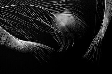 Fragments of three white bird feathers, close-up, isolated on a black background. Abstract horizontal image.