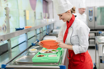 Chef in commercial kitchen preparing meal for delivery