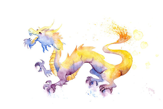 watercolor drawing of an animal - dragon drips and splashes of paint