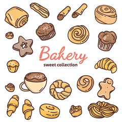 Set with bakery products. Different types of sweet pastries and Bakery lettering. Colorful vector illustration on a white background. Doodle.