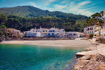 Fototapeta na wymiar View of the beach Sa Tuna from one end of the bay of the same name. Begur, Costa Brava, Catalonia, Spain