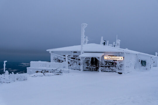 Winter im Harz auf dem Brocken, schneebedeckte Tannen im winter wonderland. 