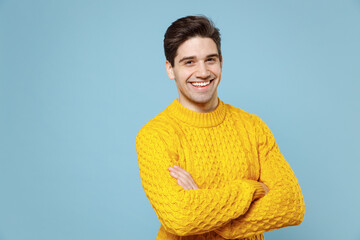 Young caucasian attractive friendly smiling student man 20s in casual knitted cozy yellow...