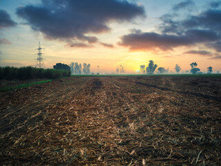 plowed field at sunset