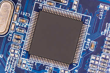 Close up blank microchip on Electronic circuit board.