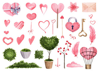 Set of cute pink valentine's day elements. Spring elements with green plants and pink delicate hearts. Great for stickers, design and decoration of postcards, wrappers, etc