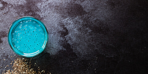 lemonade chia seed drink blue berry flavor blueberry transparent glass on the table for healthy meal snack outdoor top view copy space for text food background image