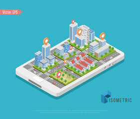 Vector isometric city center map with skyscrapers, offices and stores