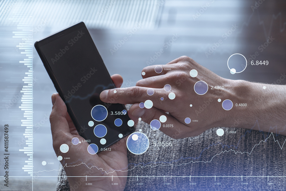 Poster trader holding in the hands a smart phone and researching stock market to proceed right investment s