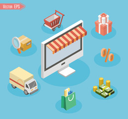 Creative flat line icons of store, goods, online shoping