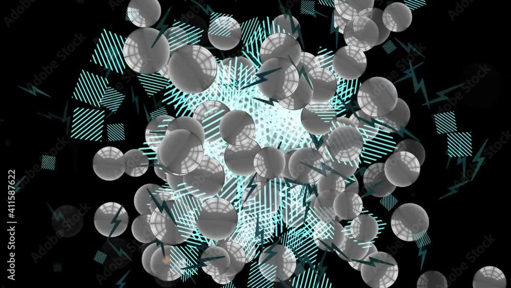 Poster abstract radiation of silver balls on the background of flying striped rectangles in outer space. cl