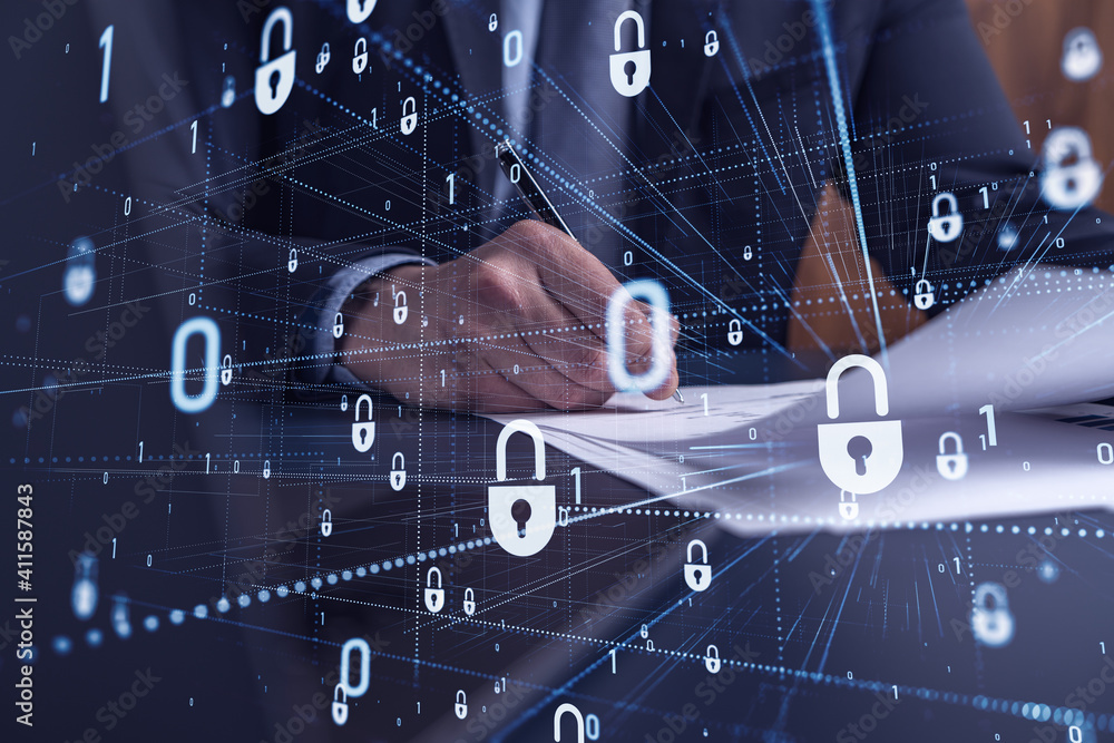 Poster a businessman in formal wear signing the contract to prevent probability of risks in cyber security.