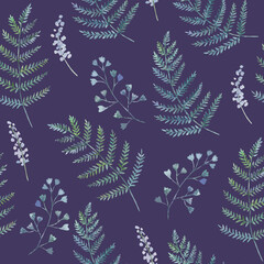 Naklejka na ściany i meble Cute seamless pattern with watercolor painted ferns. Background inspired of forest nature.
