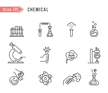 Chemistry lab icons. Chemical formula, Microscope and Medical analysis. Laboratory test flask, reaction tube, chemistry lab icons.
