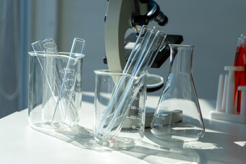 test tubes and glass beaker in medical science laboratory. Health care and medicine concept. virus pandemic prevention concept. 