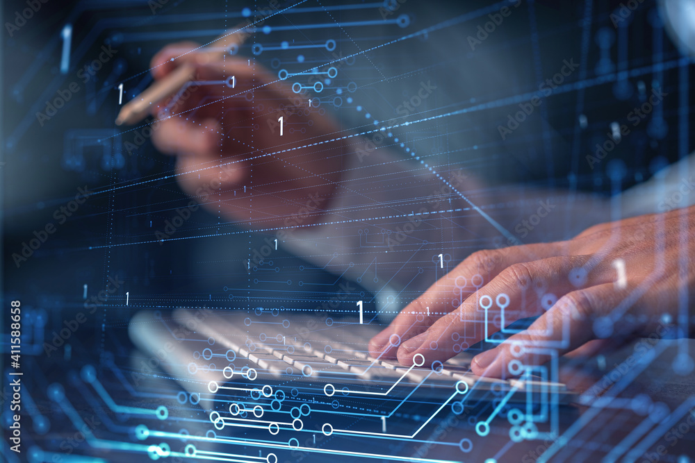 Poster hands typing the keyboard to create innovative software to change the world and provide a completely
