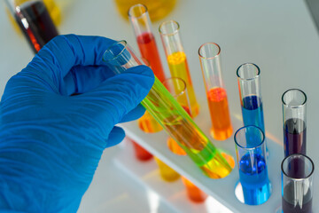 test tubes and glass beaker in medical science laboratory. Health care and medicine concept. virus pandemic prevention concept. 