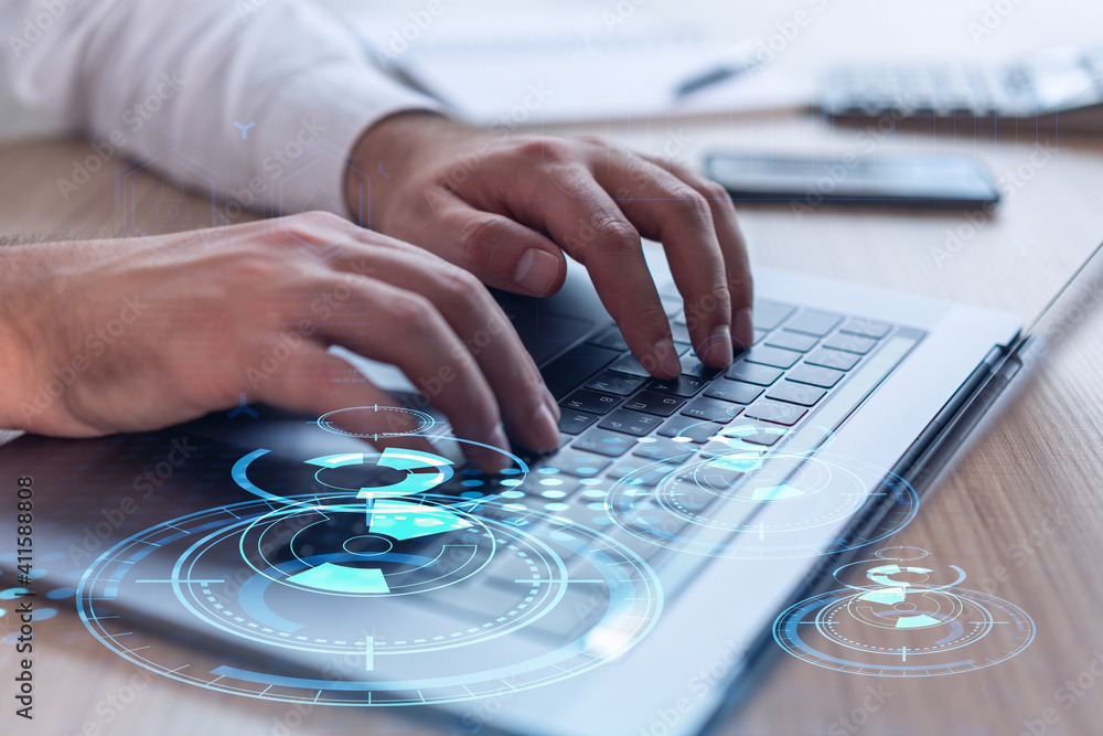 Poster hands typing the keyboard to create innovative software to change the world and provide a completely