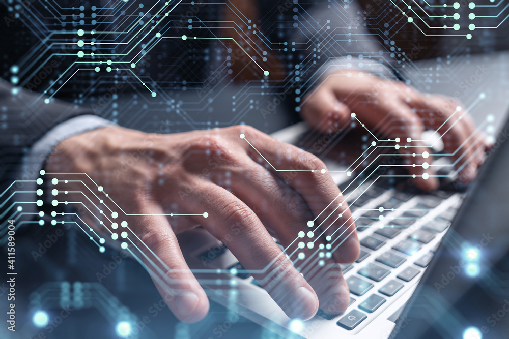 Poster hands typing the keyboard to create innovative software to change the world and provide a completely