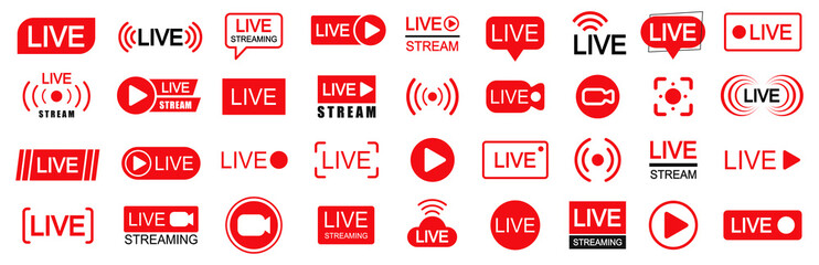 Set of live streaming icons. Set of video broadcasting and live streaming icon. Button, red symbols for TV, news, movies, shows - vector