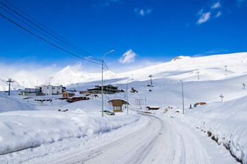 Georgian ski resort in Gudauri. Snowy mountains.