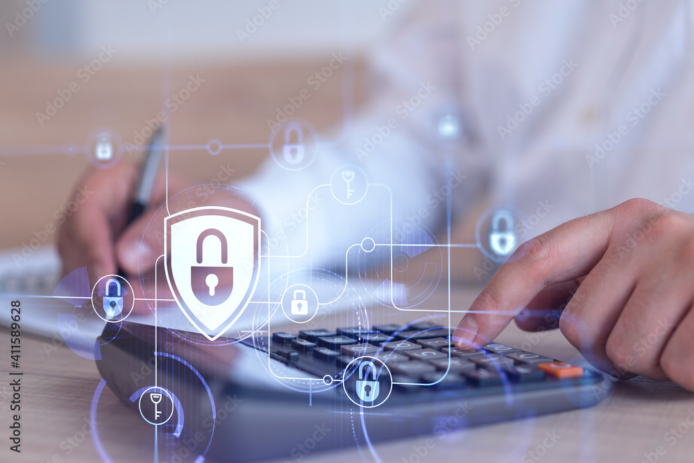 Poster a businessman computing probability of risks in cyber security protection using calculator. padlock 