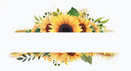 Fotobehang Aquarel zonnebloem frame, Floral illustraties, zonnebloem krans, zomer clipart © SoCuteArtShop