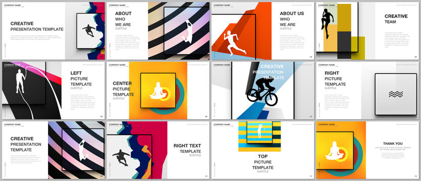 Presentation design vector templates, multipurpose template for presentation slide, brochure cover design. Abstract colored sport backgrounds in unique style for sport event, fitness design.