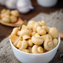 Pickled mushrooms - champignons in a bowl. Food preserving.