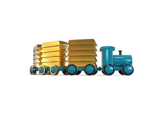 A train carrying gold bars. 3D allegorical illustration