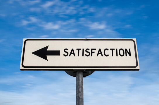 Satisfaction road sign, arrow on blue sky background. One way blank road sign with copy space. Arrow on a pole pointing in one direction.