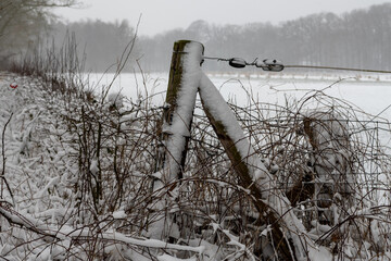 Wooden fence pole in winter landscape