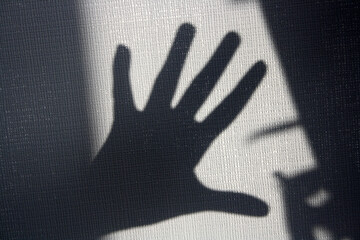 A figure in the shadow of the sun on a gray wall.