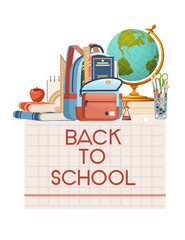 Back to school banner with sign opened book backpack globe and stationery poster with school supplies vector illustration on white background