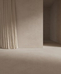 Light empty concrete interior with curtain
