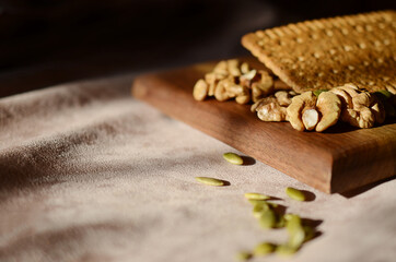 pumpkin seeds, walnuts, cookies. Closeup